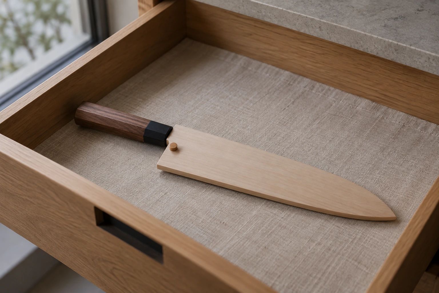 A single knife in a plain wooden saya, only its handle showing, lying on linen in a shallow wooden drawer