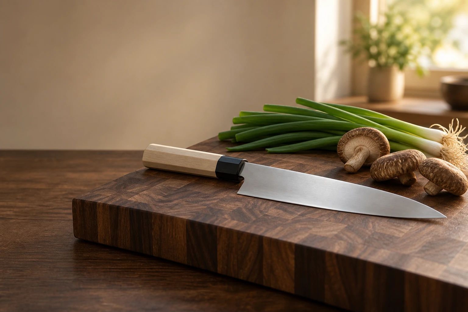 A gyuto on a thick walnut end-grain board with whole green onions and shiitake mushrooms