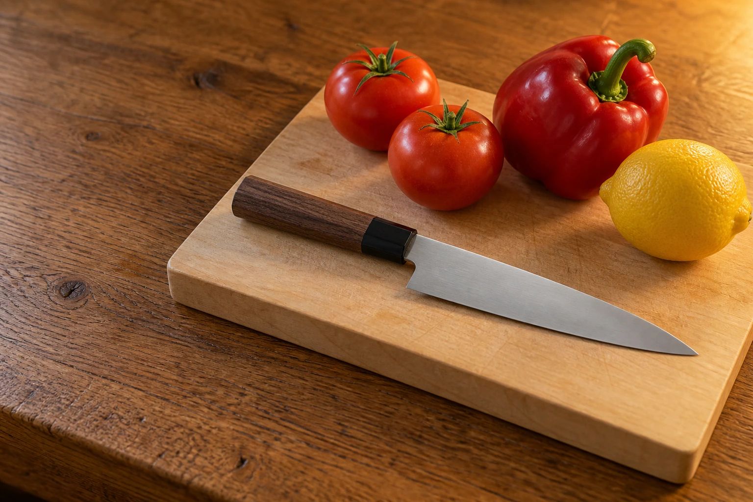 A slim utility knife on a small board with two whole tomatoes, a red pepper and a lemon