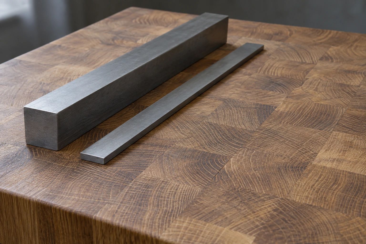 A thin hard steel strip and a thick square steel bar laid parallel on an oak end-grain block