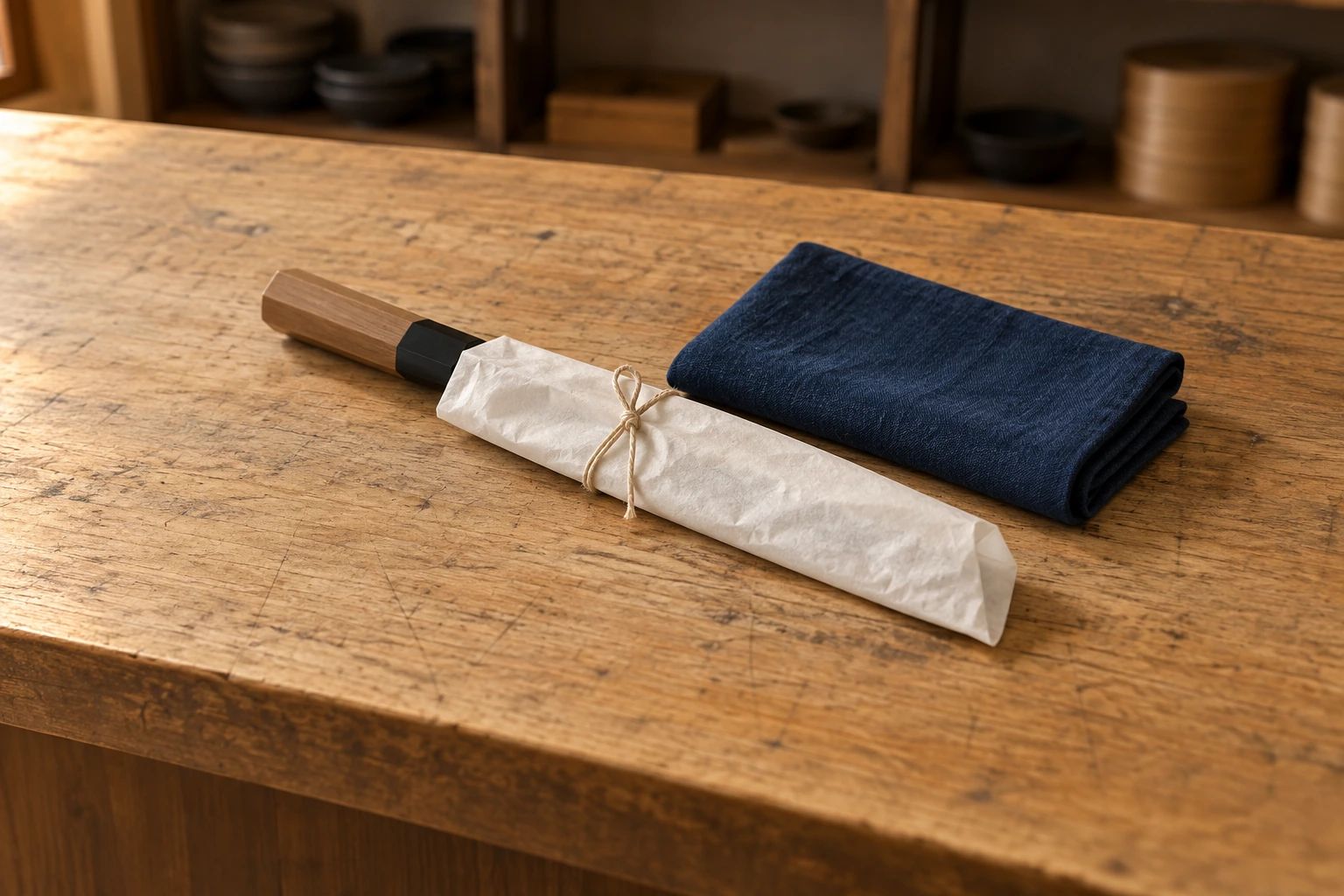 A knife wrapped in plain paper and tied with string beside a folded indigo cloth on a wooden counter