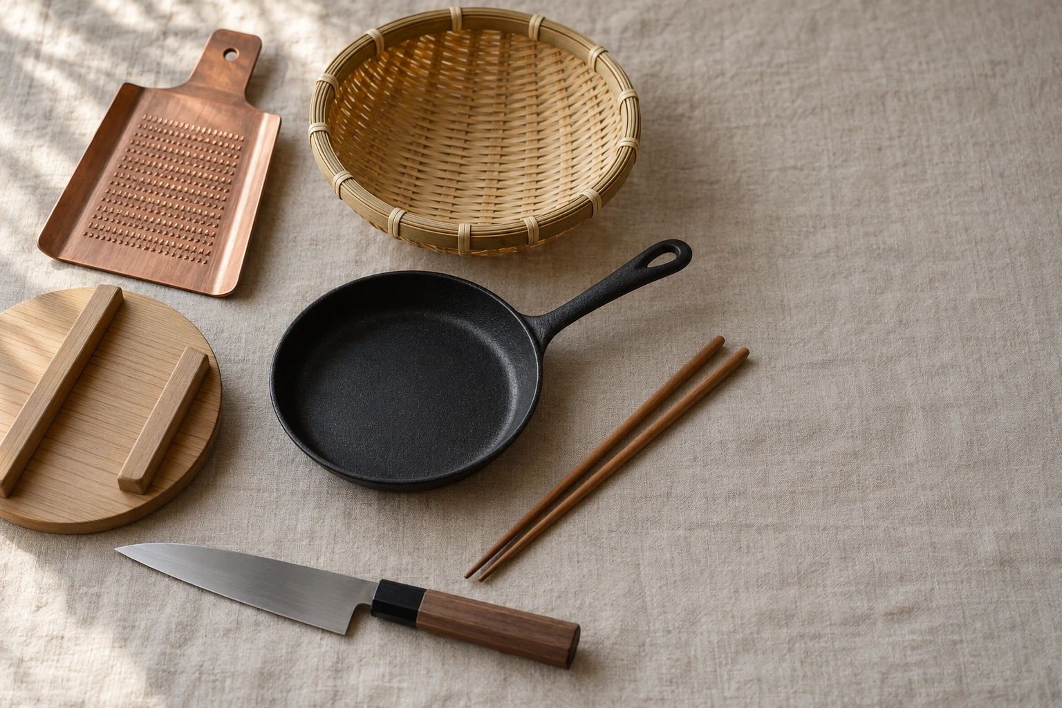 A copper grater, a bamboo sieve, a wooden drop lid, an iron pan, chopsticks and a petty knife on linen