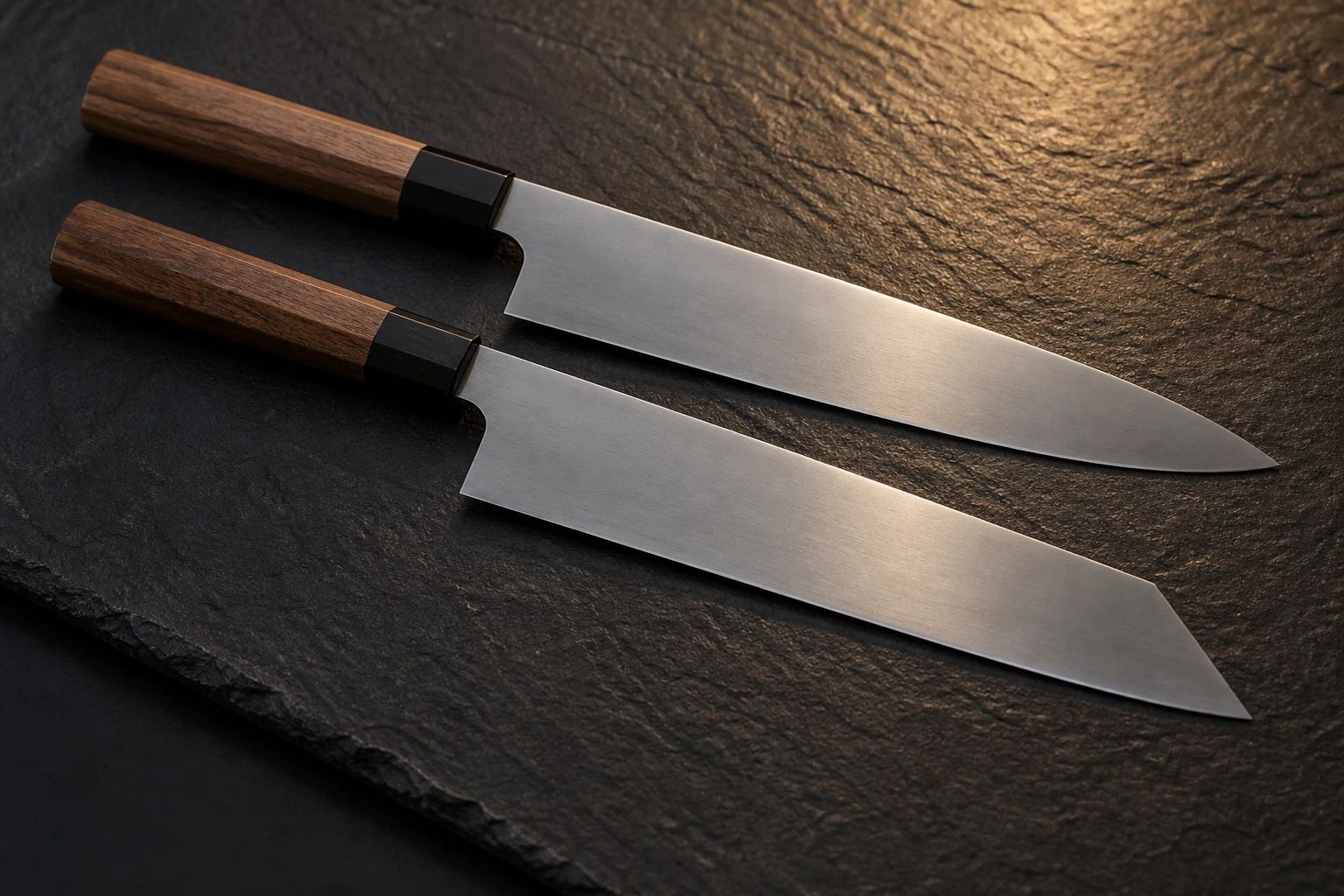 A gyuto with a curved tip above a kiritsuke with an angled, sword-like tip, both on dark slate