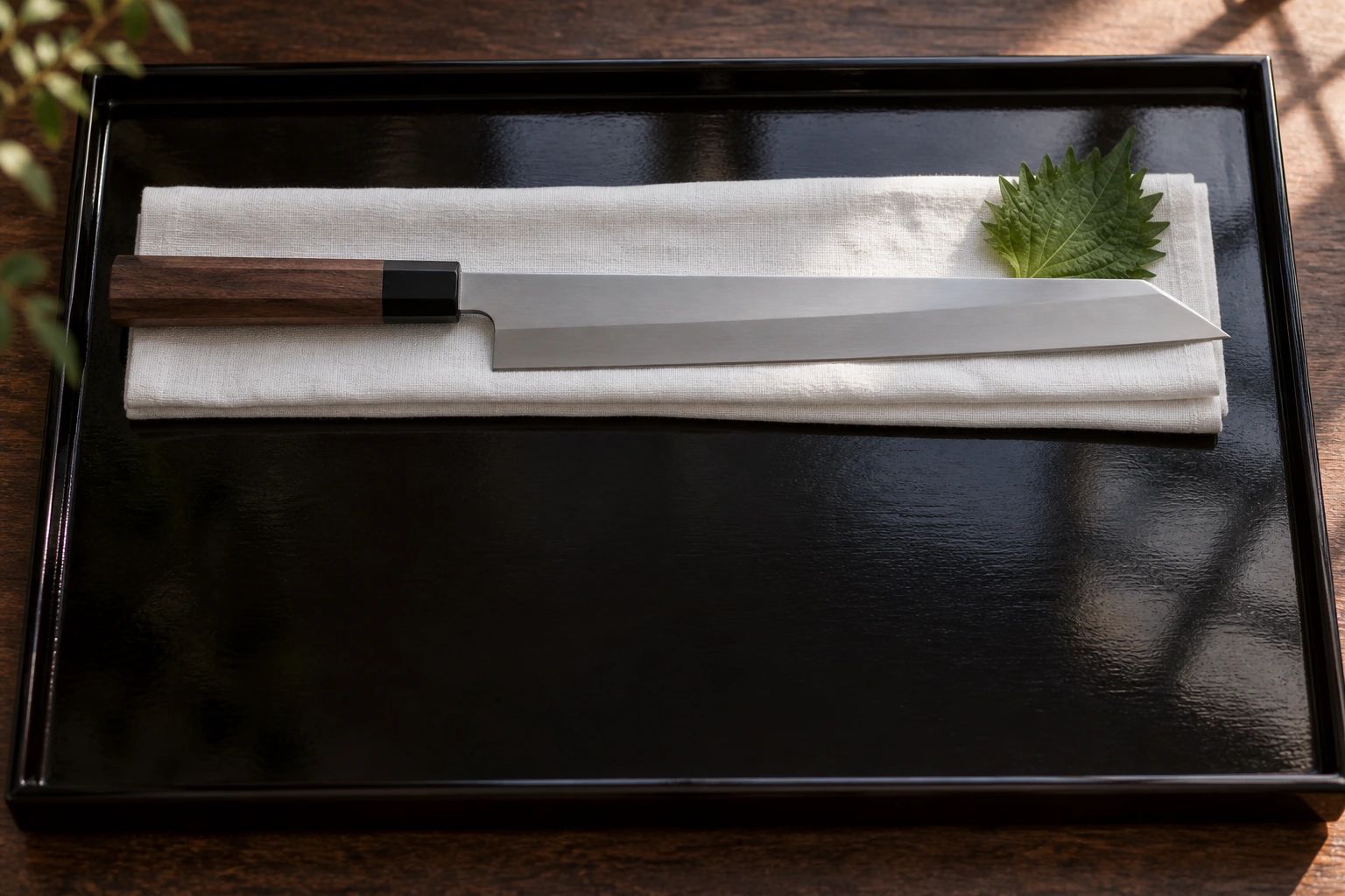 A long, narrow kiritsuke with an angled tip on white cloth in a black lacquer tray, with a shiso leaf
