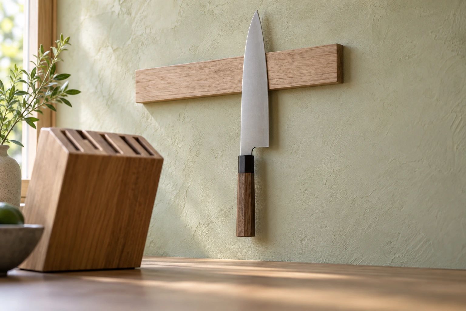 A gyuto hanging on a wooden magnetic strip on a plaster wall, with an empty knife block in front
