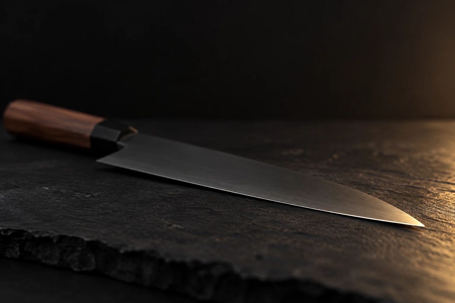A gyuto lying on dark slate, seen low along its edge, with warm light running along the cutting edge