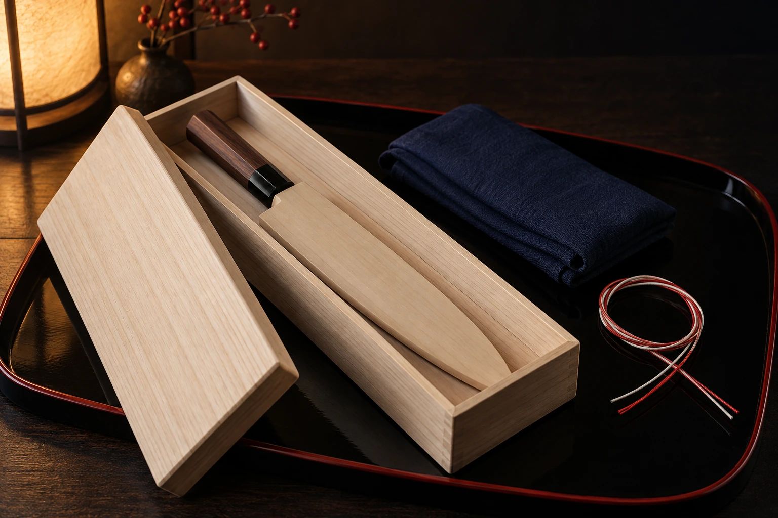 An open paulownia box holding a knife in a wooden saya, on a lacquer tray with indigo cloth and red and white cord