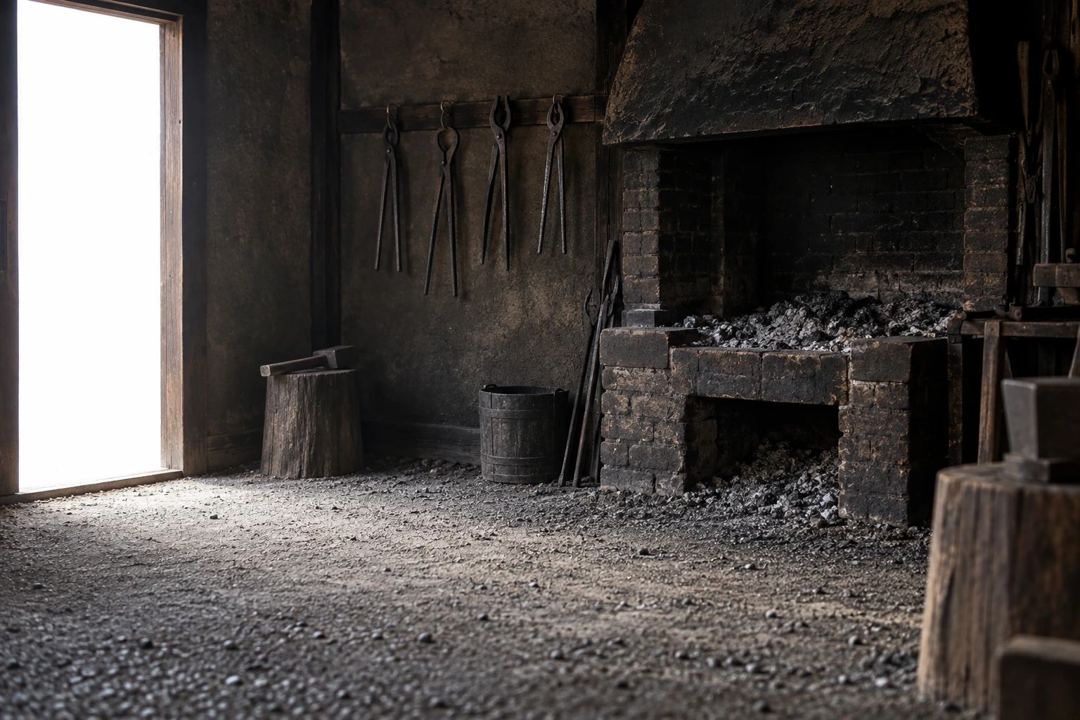 An empty, cold village smithy with a sooty hearth, tongs on the wall and a gravel floor lit from an open door