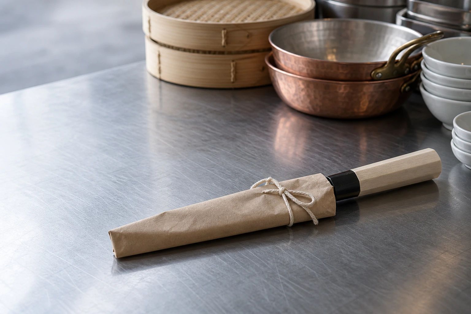 A newly bought knife wrapped in kraft paper and tied with string on a steel counter, with cookware blurred behind