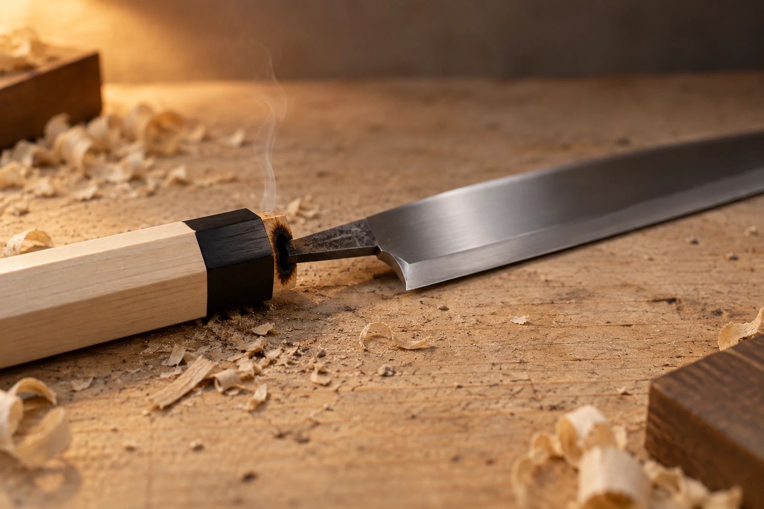 The tapered tang of a yanagiba being fitted into a new octagonal wooden handle on a bench strewn with shavings