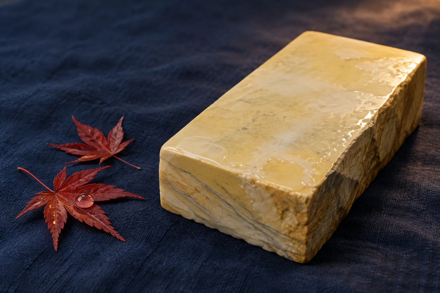 A wet pale yellow natural finishing stone on indigo cloth with two red maple leaves