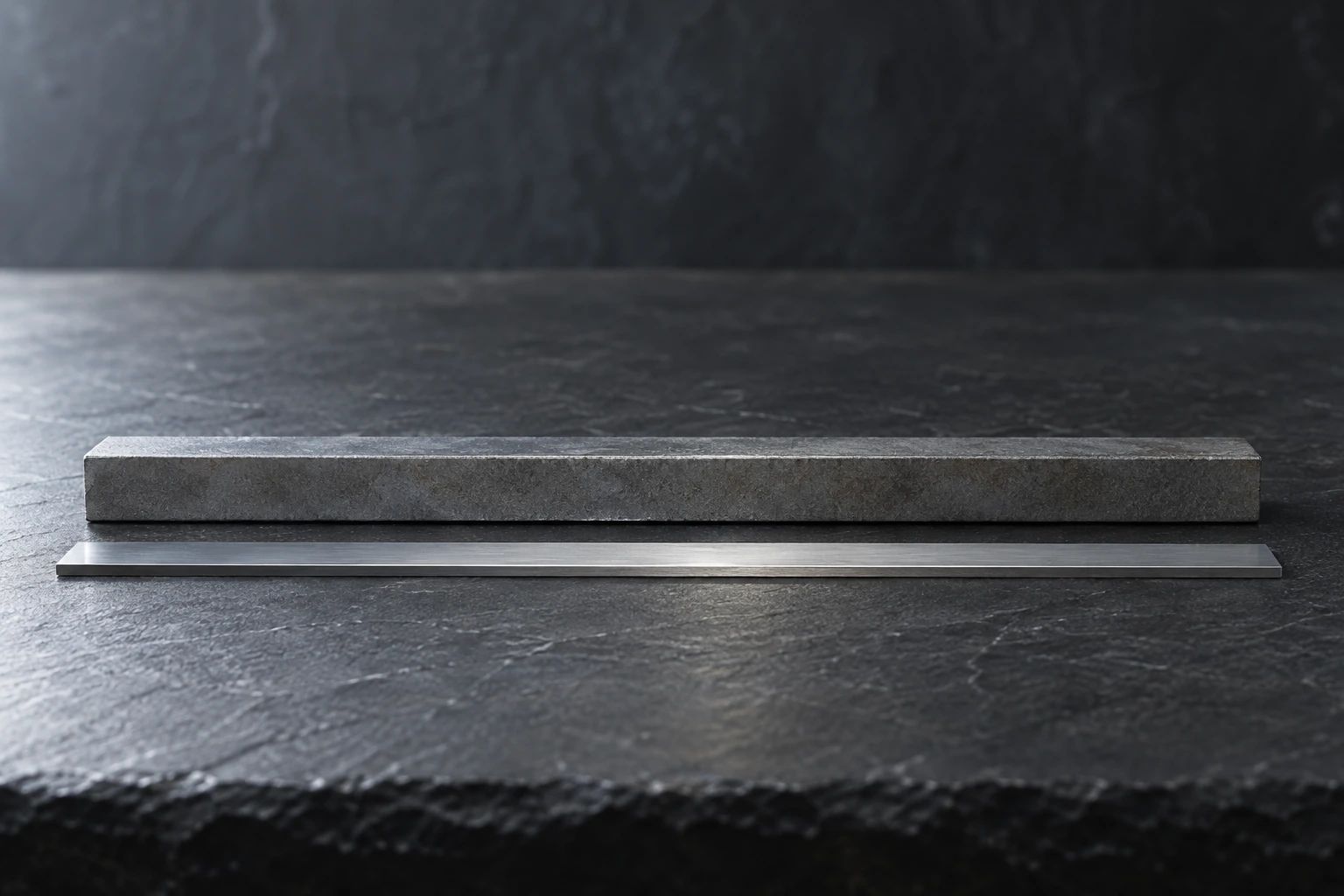 A thin ground steel strip and a thick square steel bar laid parallel on dark slate