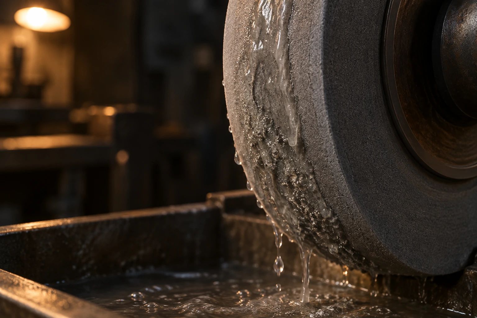 Water and fine steel grit running over the edge of a wet grinding wheel in a dim workshop