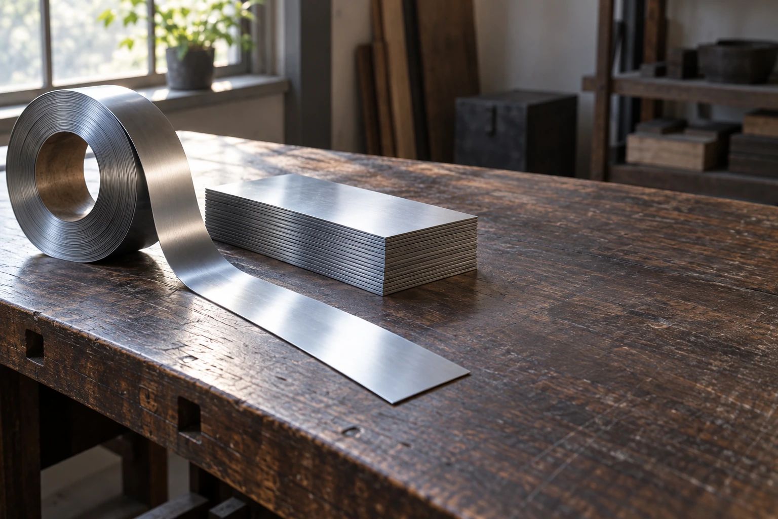 A coil of thin bright strip steel and a neat stack of identical rectangular steel plates on an oiled wooden bench