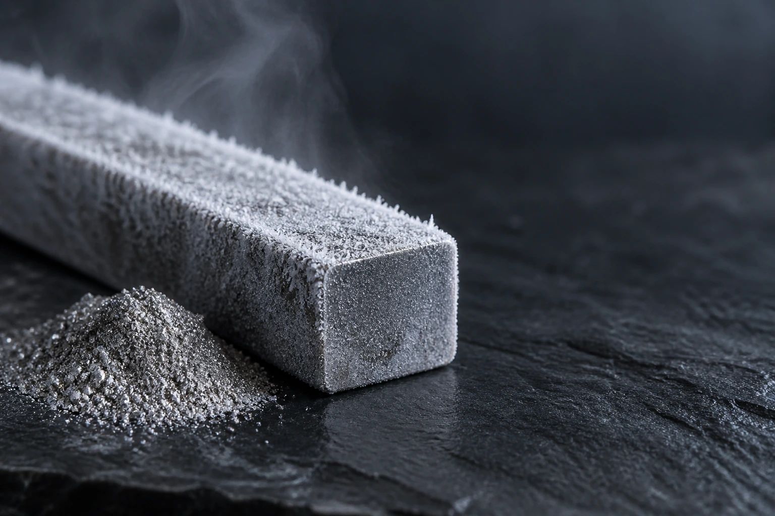 A frost-covered steel bar giving off cold vapour beside a small heap of silver metal powder on slate