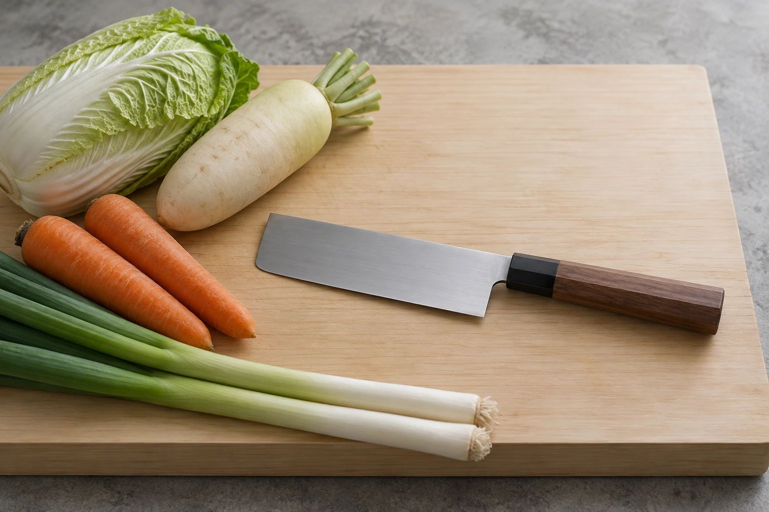 A nakiri on a thick hinoki board surrounded by whole napa cabbage, daikon, carrots and leeks