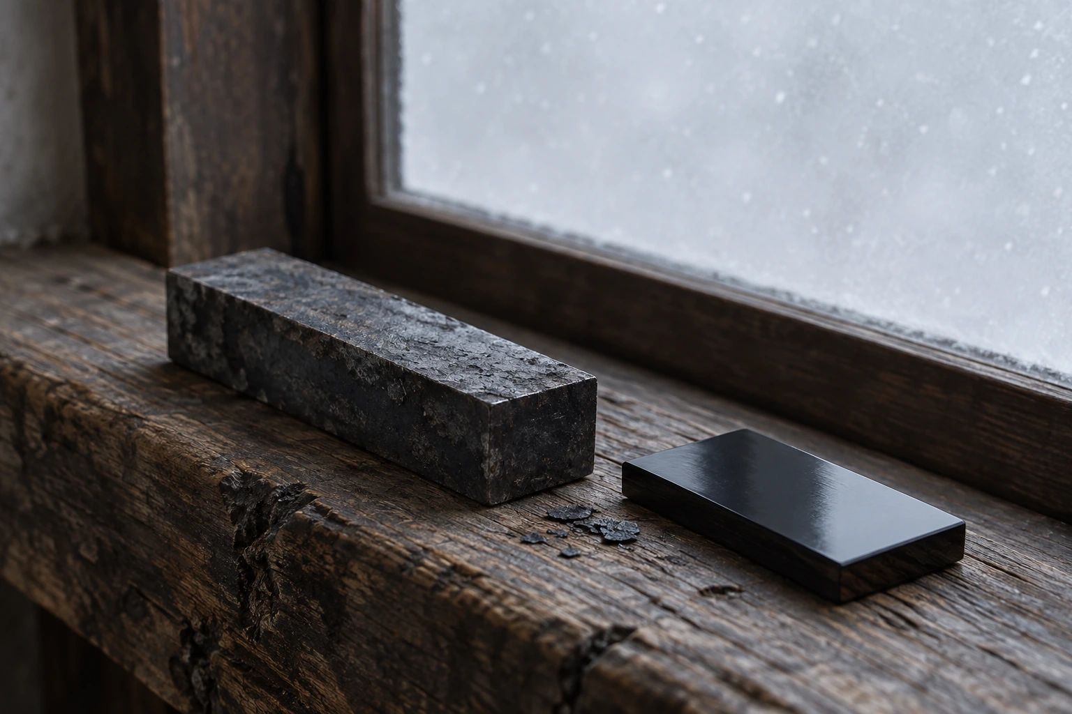A black-forged square steel bar and a plain black lacquer piece on an old beam by a snowy window