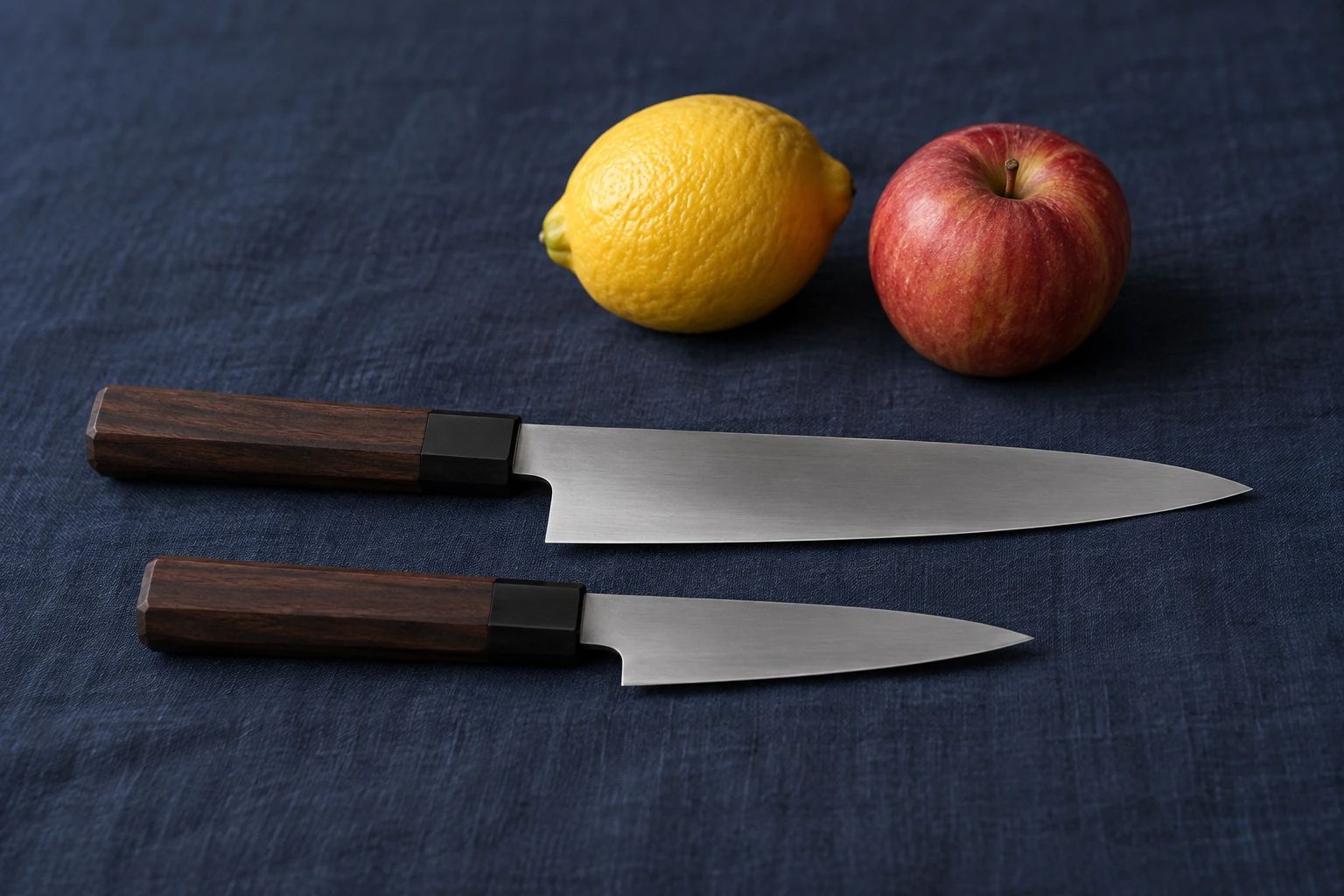 A petty knife above a shorter paring knife on indigo linen, with a whole lemon and an apple behind