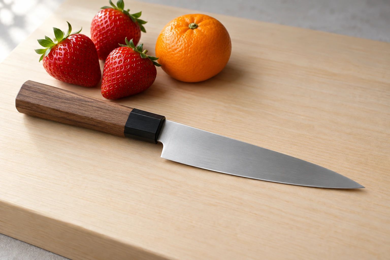 A small petty knife on a pale hinoki board with three whole strawberries and a mandarin