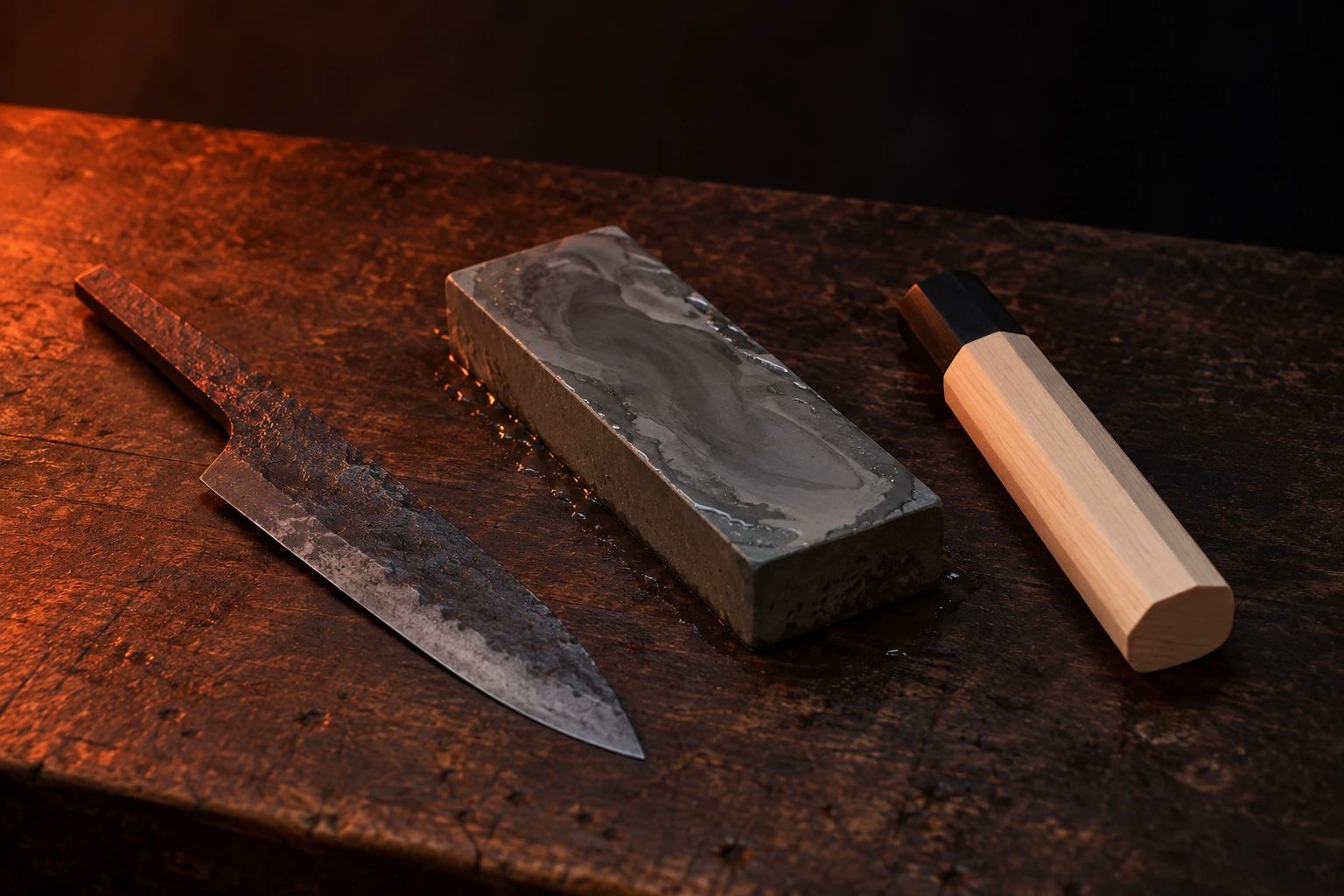 A rough forged blade blank, a wet whetstone and an unfinished wooden handle set apart on a worn workbench