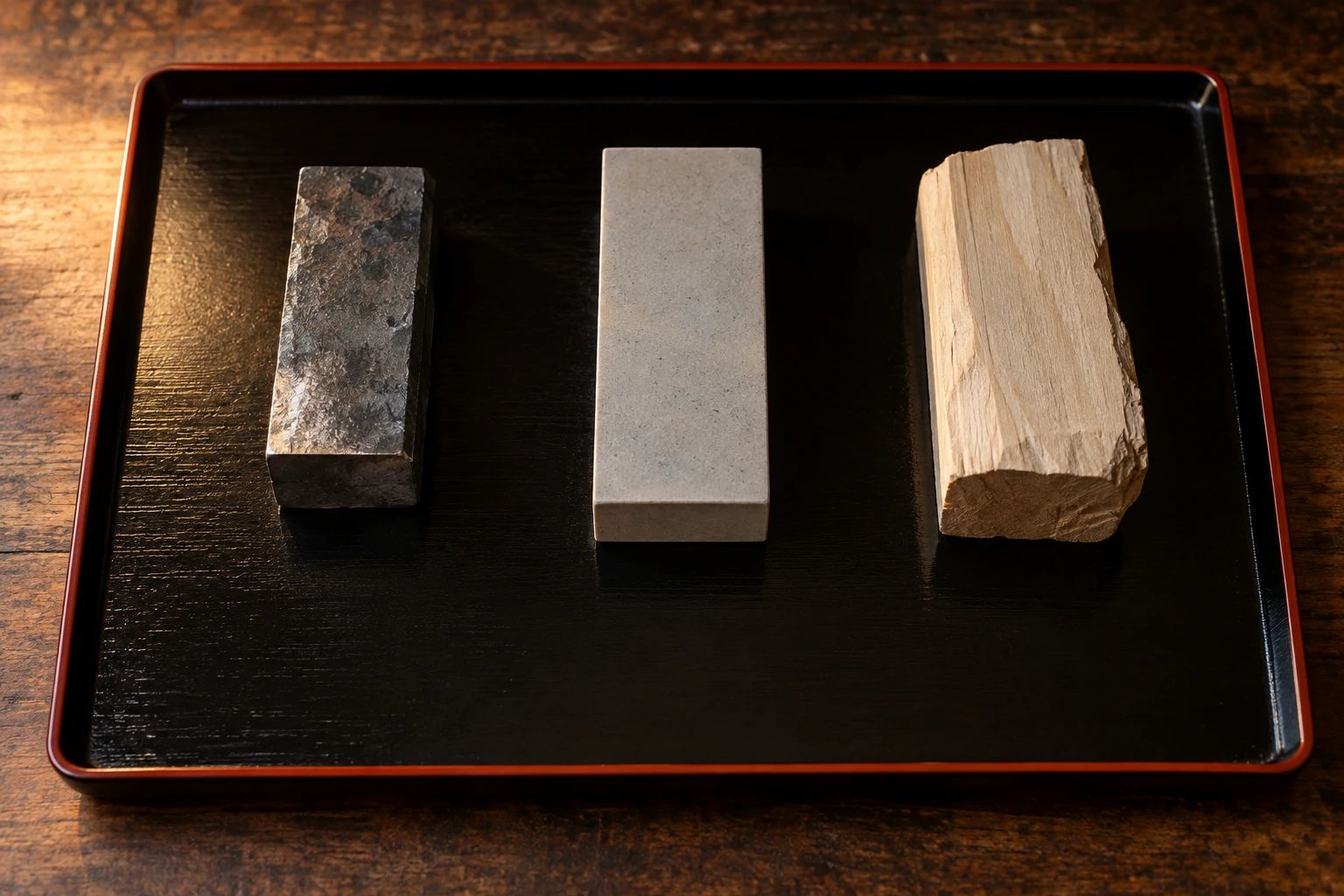 A forged steel bar, a whetstone and an unshaped wooden block set apart on a black lacquer tray