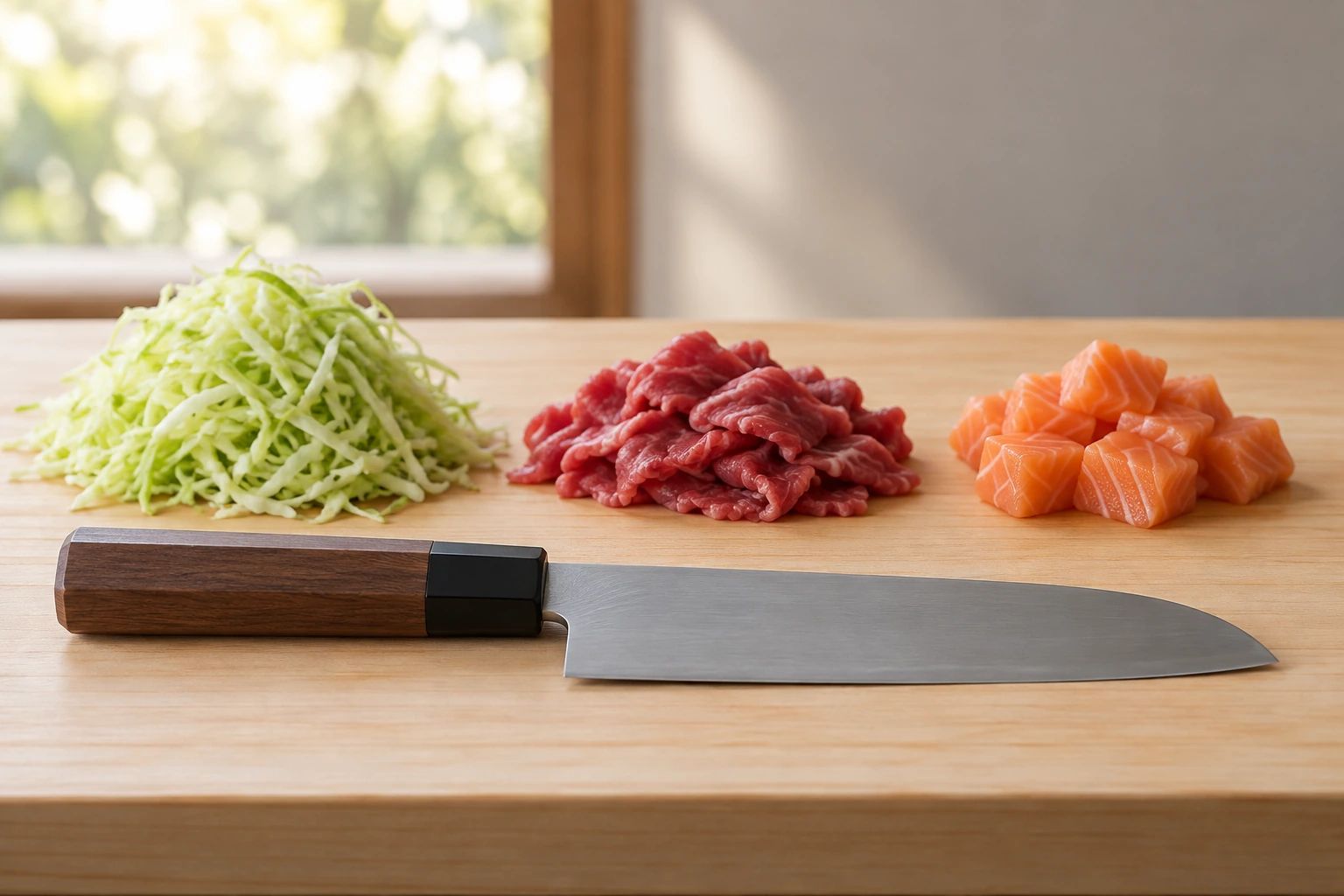 A santoku on a hinoki board with small piles of shredded cabbage, sliced beef and diced salmon behind it