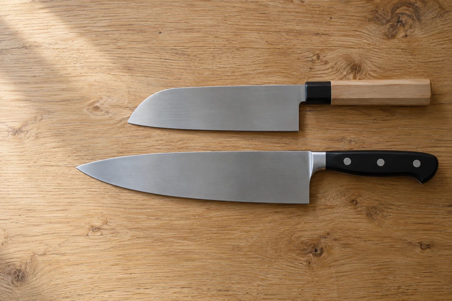 A santoku with a wooden wa handle above a longer Western chef's knife with three rivets, on light oak