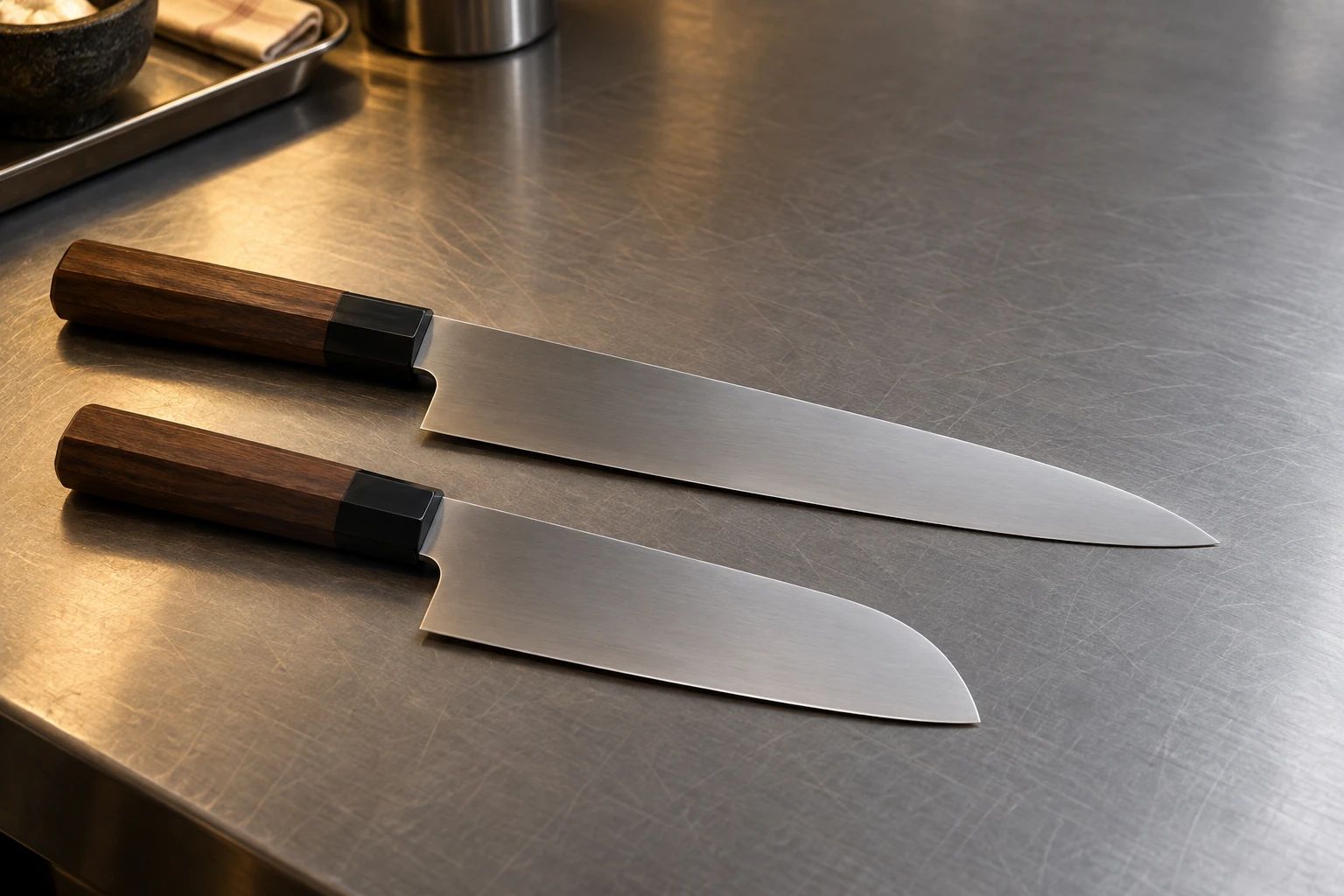 A longer gyuto and a santoku laid parallel with their heels aligned on a steel worktop