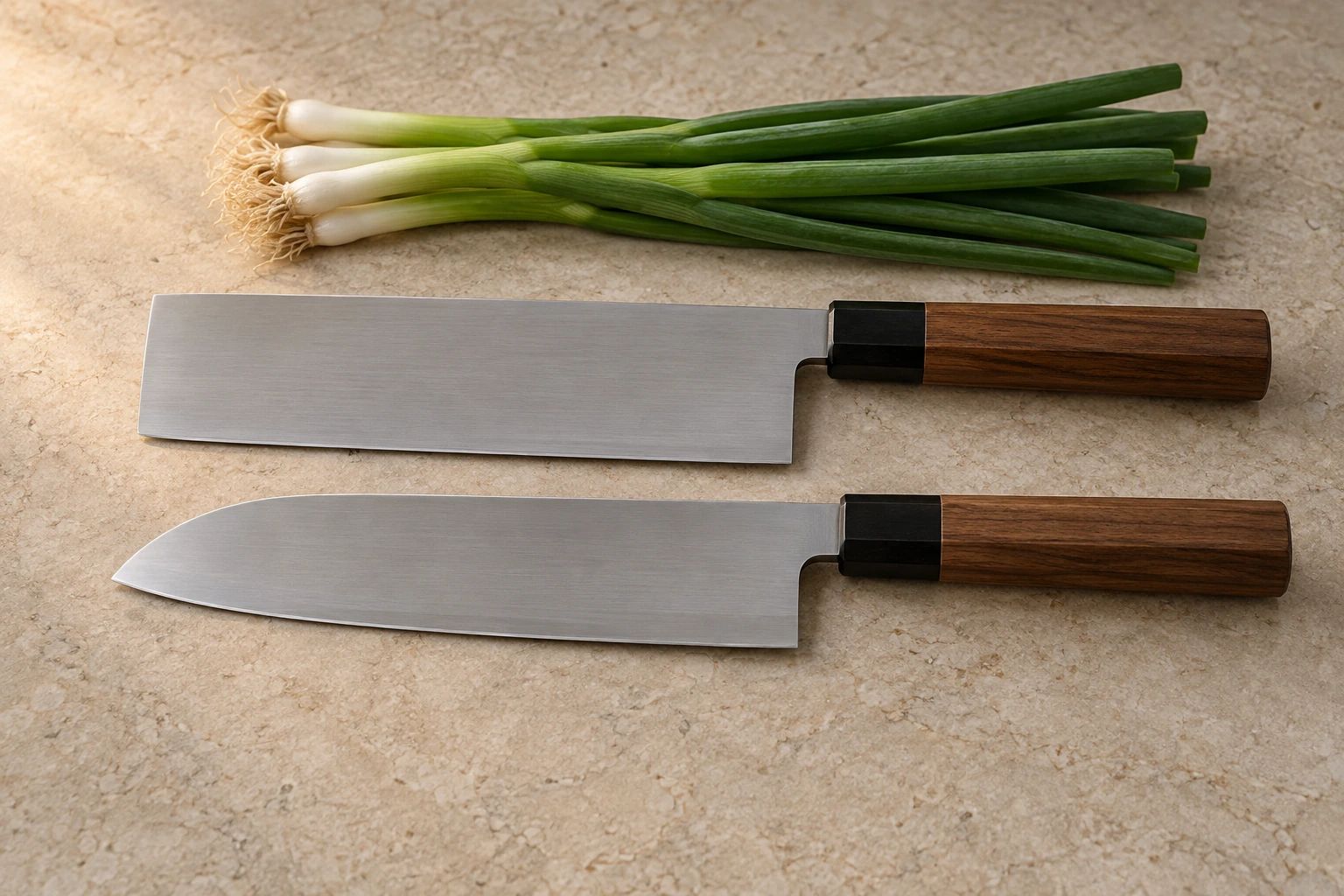 A rectangular nakiri above a santoku on pale limestone, with a bunch of green onions behind them