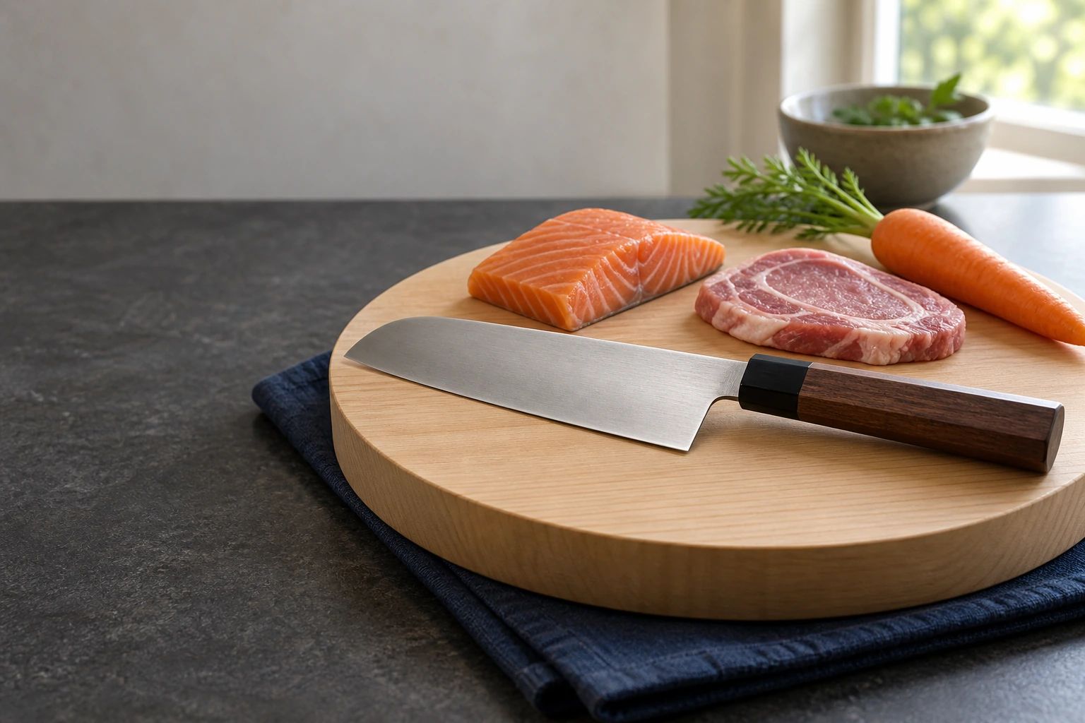 A santoku on a round hinoki board over indigo cloth with a salmon fillet, a slice of pork and a whole carrot
