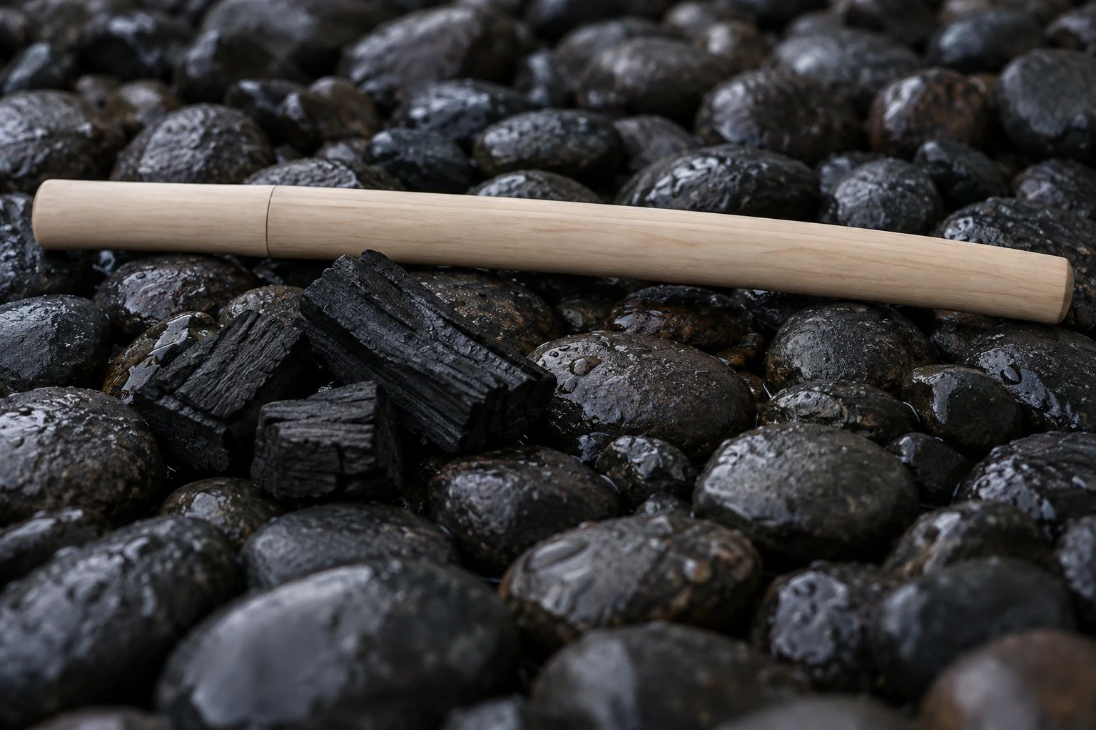 A plain unvarnished shirasaya scabbard lying on wet black river stones beside pieces of pine charcoal