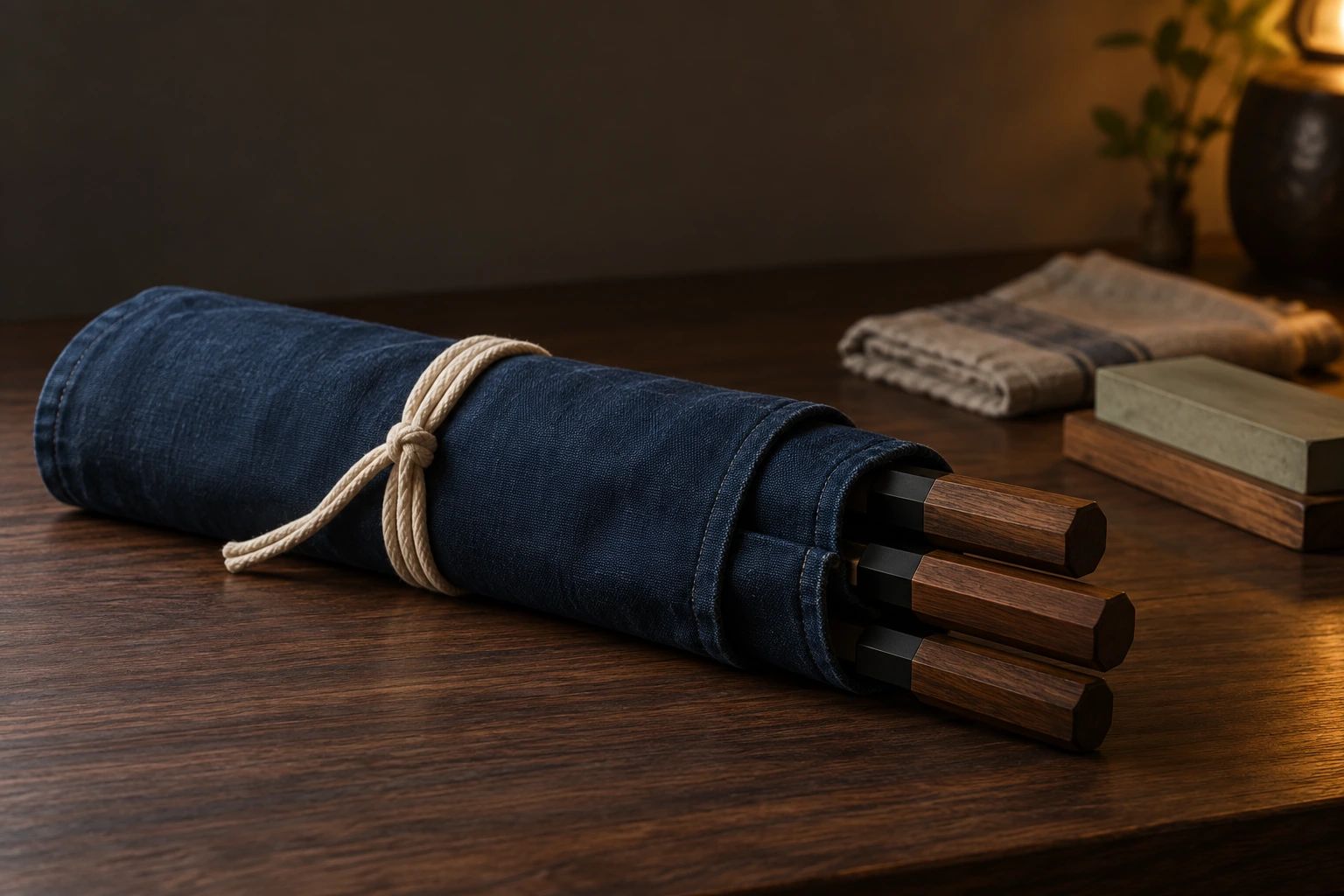 An indigo canvas knife roll tied with cord on a walnut table, with three wooden handles showing