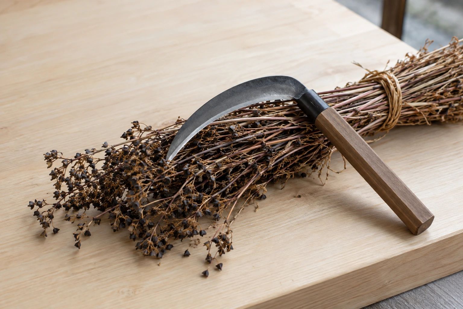 A hand-forged sickle resting on a bundle of dried buckwheat stems tied with straw, on a hinoki board
