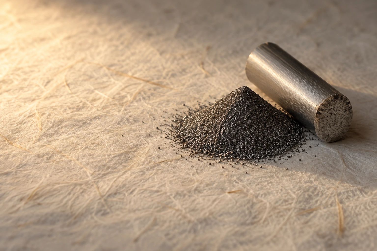 A small heap of fine grey metal powder beside a sawn steel rod on handmade washi