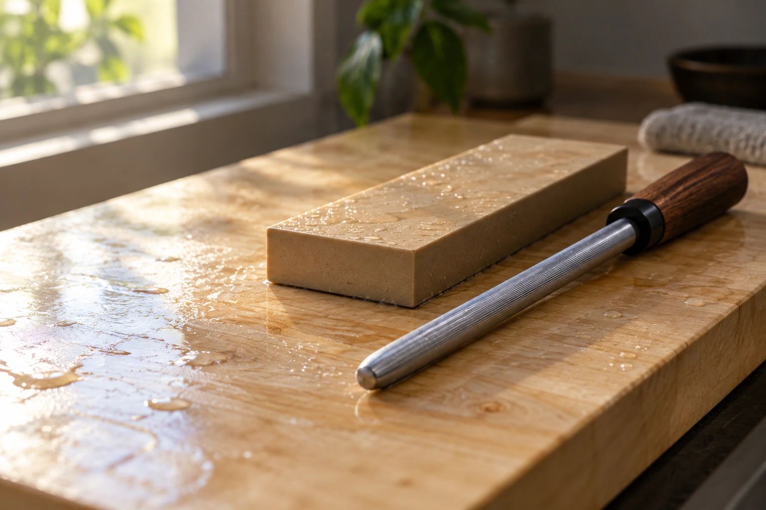 A wet whetstone and a honing steel with a wooden handle lying parallel on a wet hinoki board