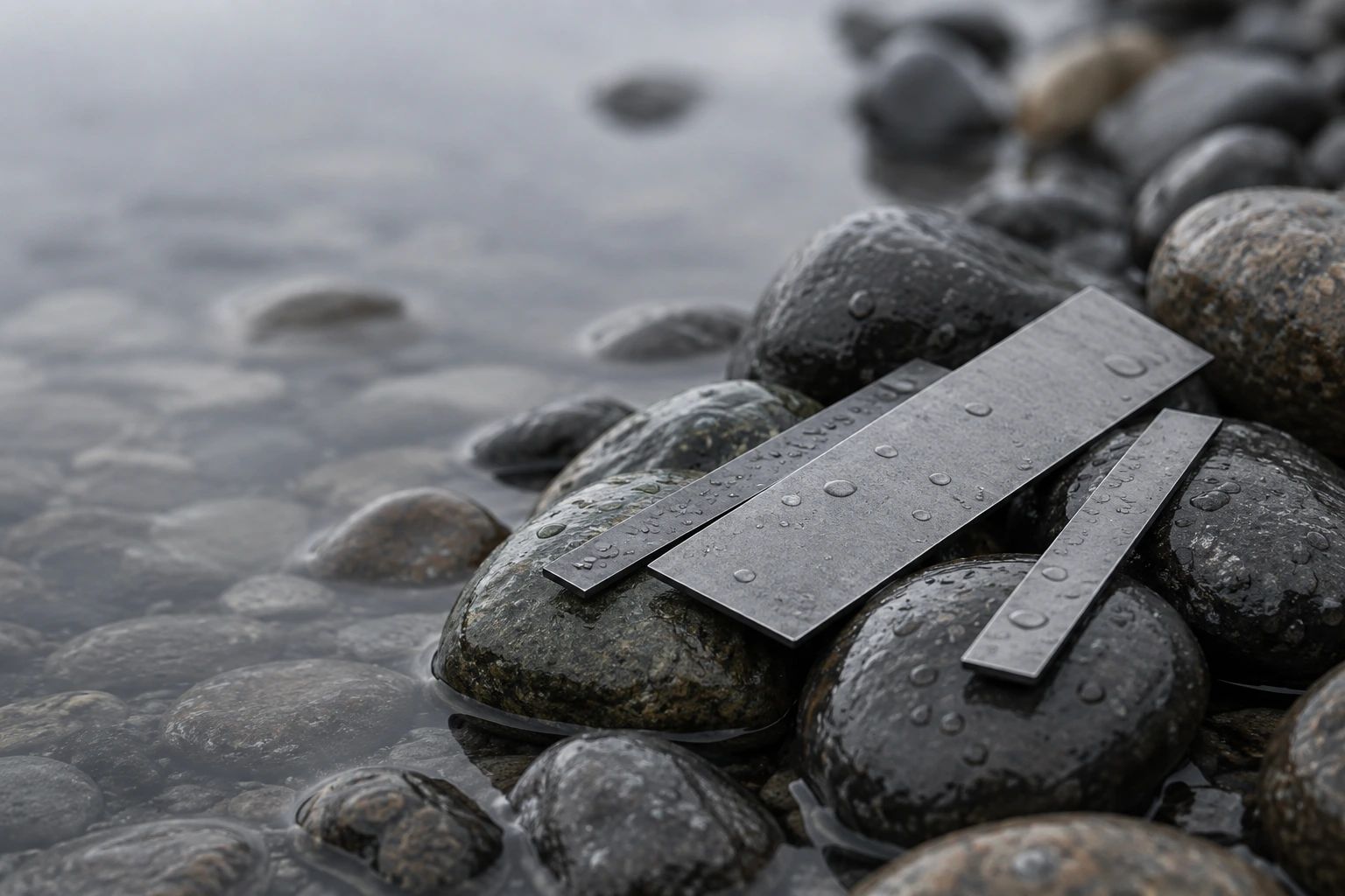 Offcuts of thin steel plate resting on wet round river stones
