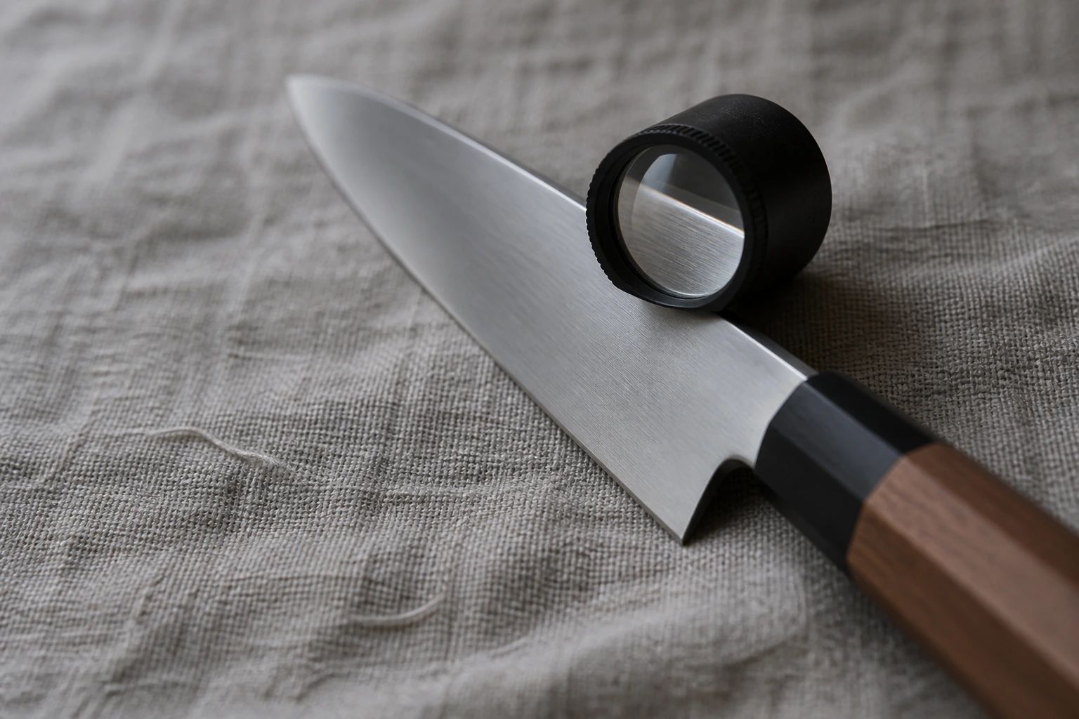 A plain ring loupe resting on the flat of a knife blade on grey linen