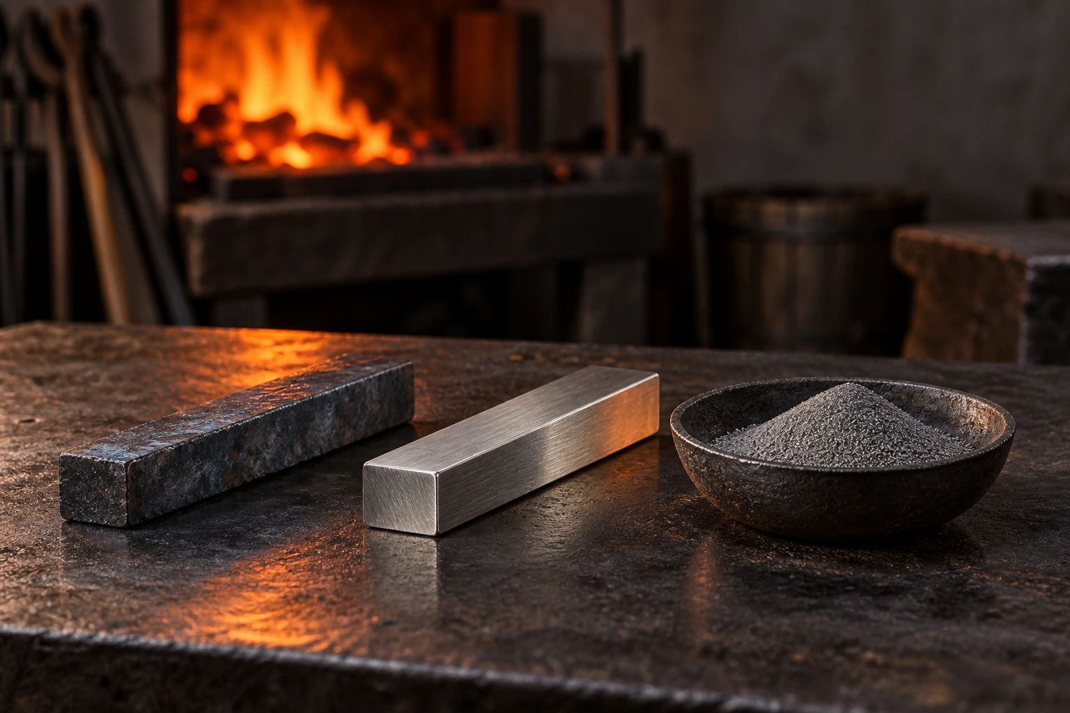A dark carbon steel bar, a bright stainless bar and an iron dish of fine metal powder, with a forge glowing behind