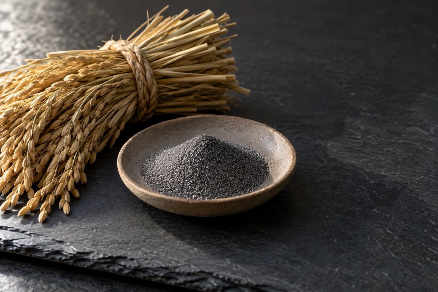 A bundle of rice straw tied with straw rope beside a clay dish of fine steel powder on slate