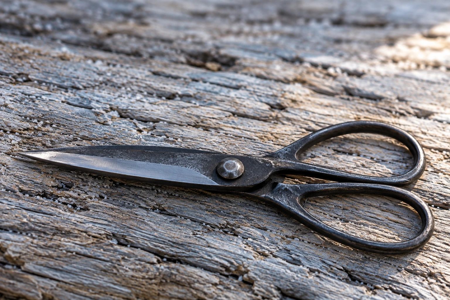 A pair of hand-forged iron scissors on pale, salt-crusted driftwood