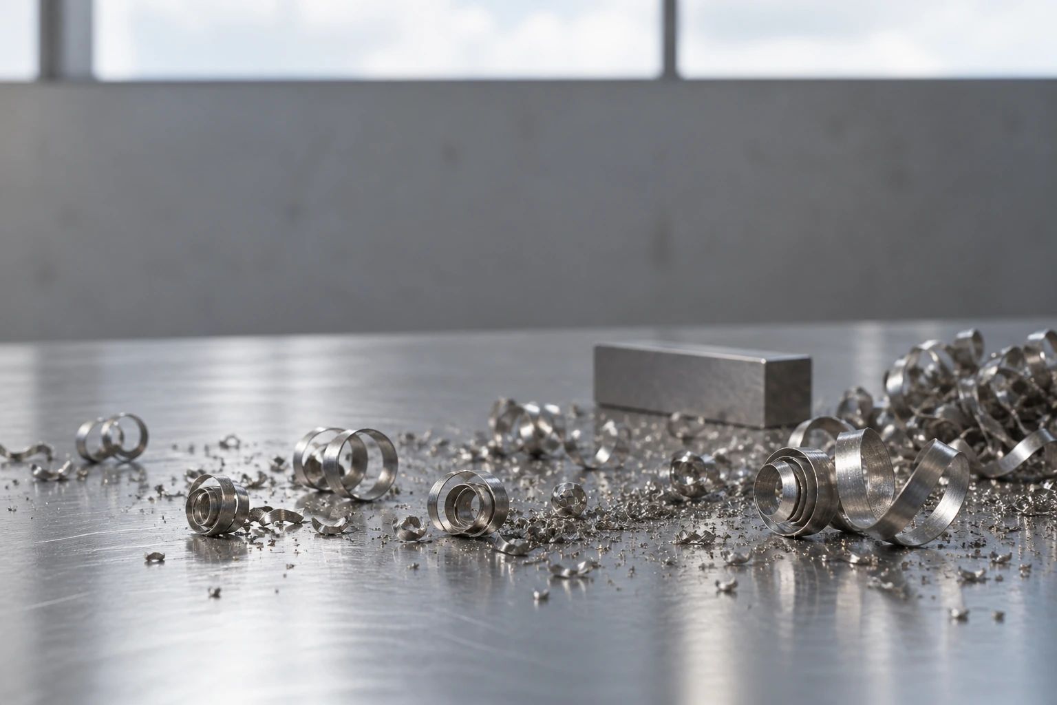 Spiral stainless steel turnings and metal dust scattered across a steel workbench