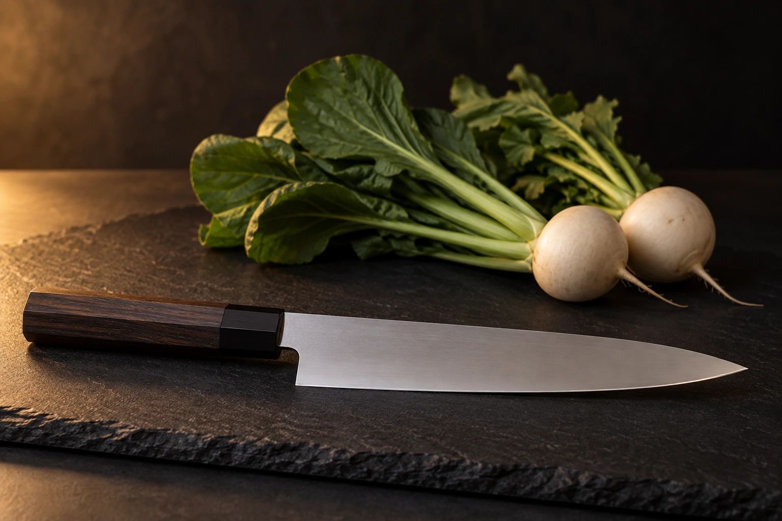 A gyuto on dark slate with uncut komatsuna and turnips blurred behind it