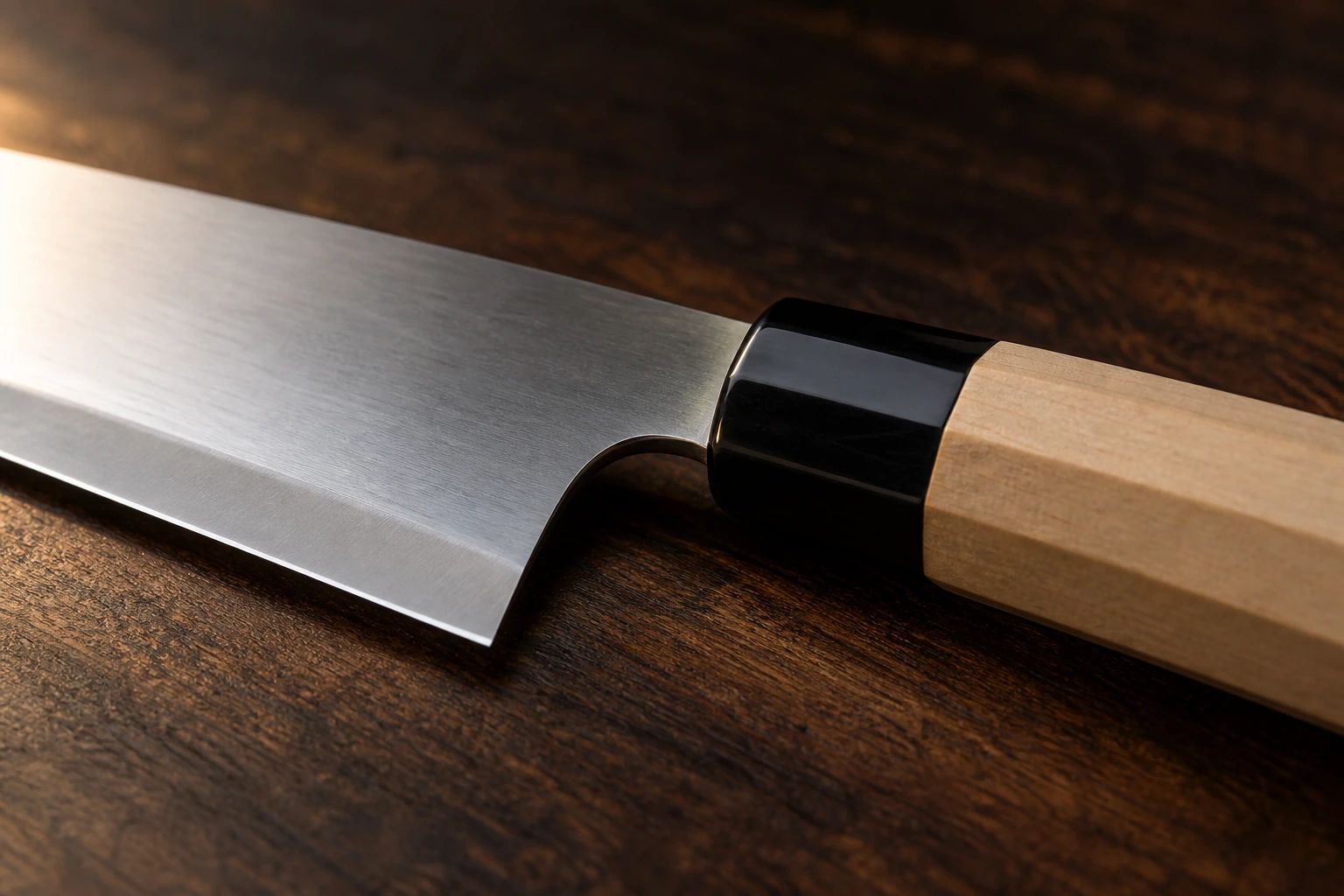 Close-up of the joint between an octagonal wooden handle, a black ferrule and the heel of a blade
