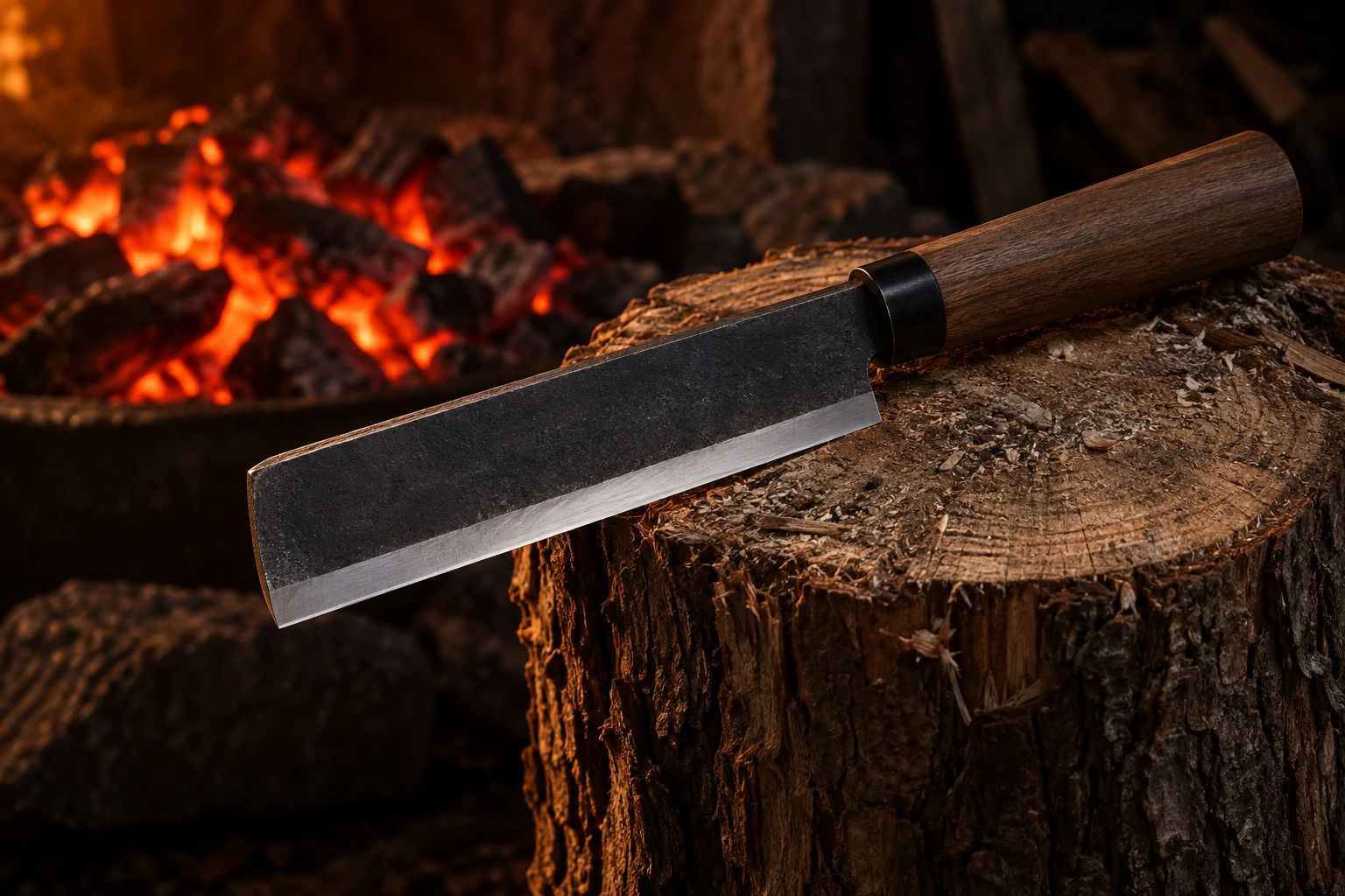A black kurouchi nata hatchet on a cedar log end, with charcoal glowing behind it