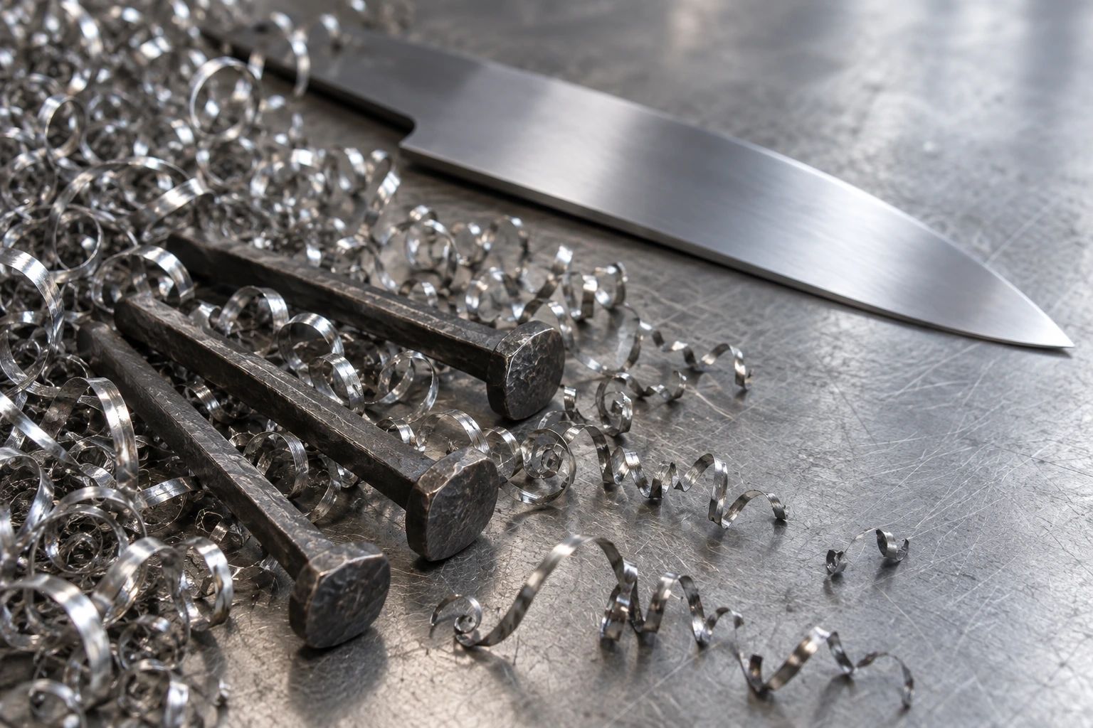 Spiral metal shavings and three hand-forged square nails on a steel bench, with a bare blade behind