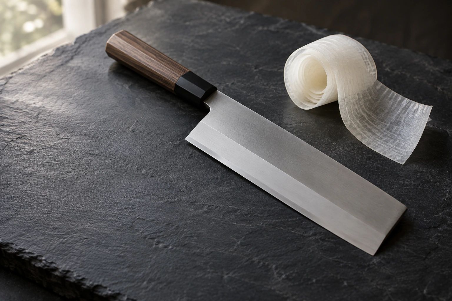 A square-tipped usuba on black slate beside a translucent ribbon of daikon peeled in one long sheet
