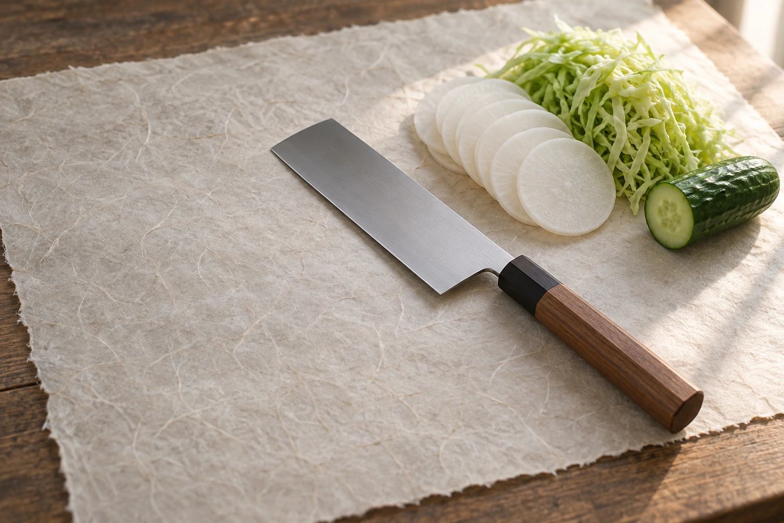 A nakiri on washi with paper-thin daikon rounds, shredded cabbage and half a cucumber
