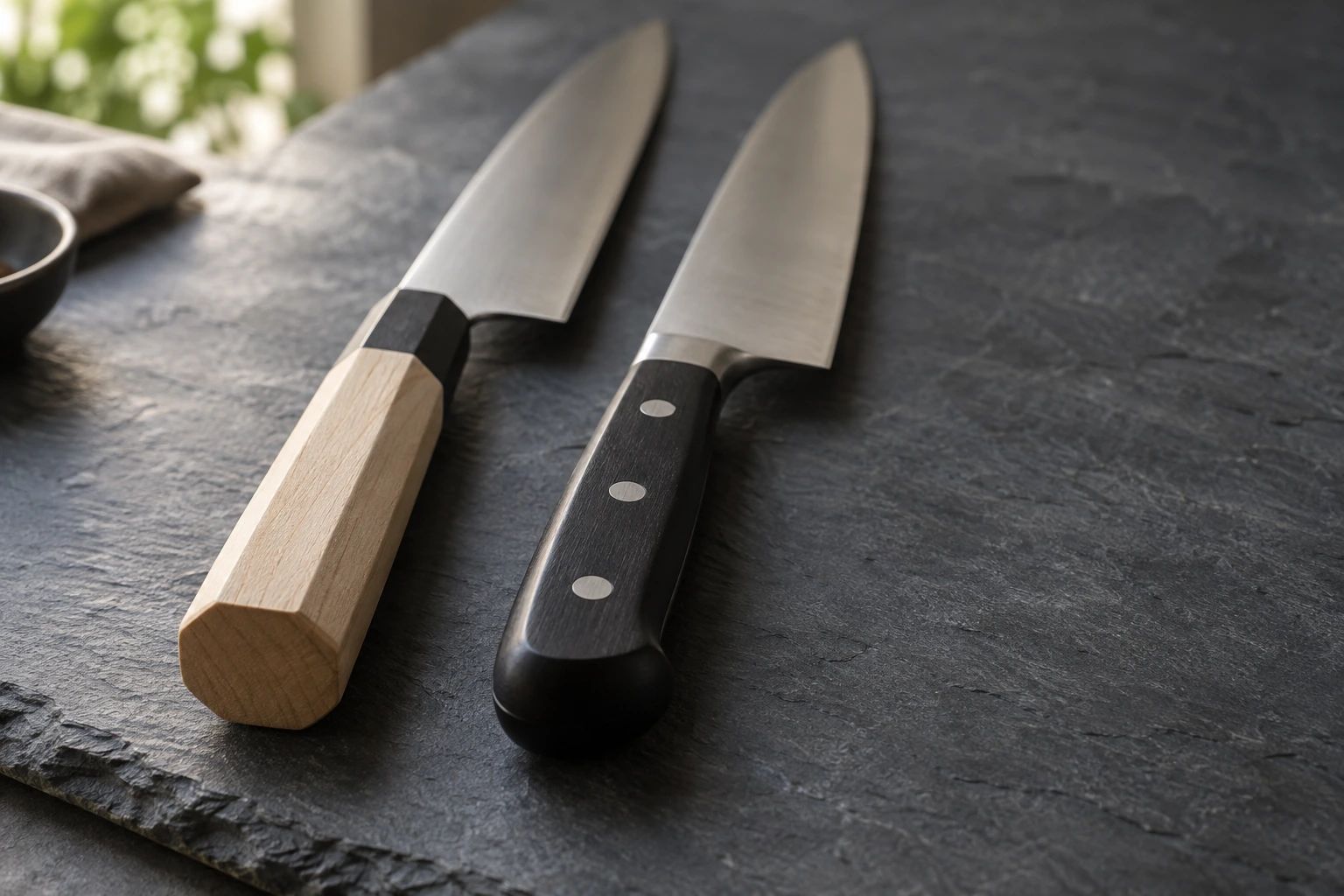 An octagonal wooden wa handle beside a black Western handle with three rivets, both knives on slate