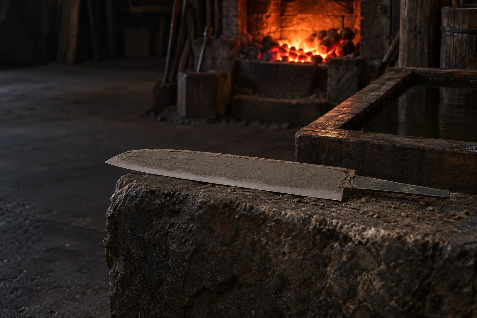 A straight blade blank coated with clay on a stone ledge in a dim smithy, with a forge and water trough behind