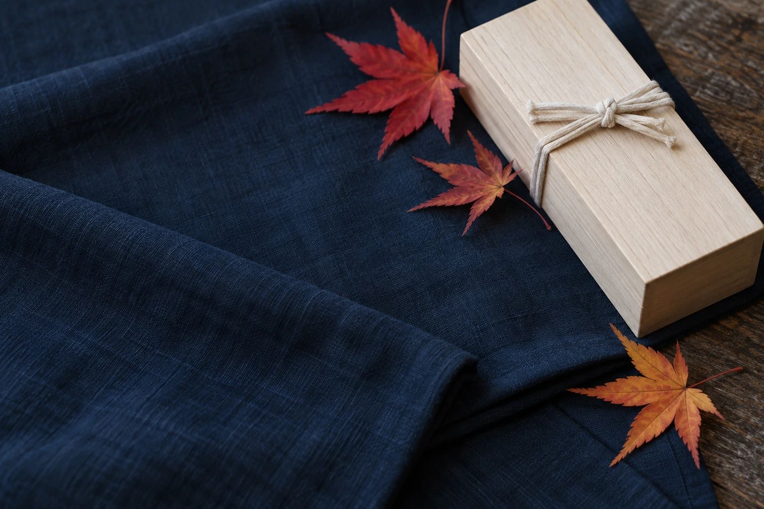 A plain paulownia box tied with cotton cord on folded indigo cloth, with red maple leaves